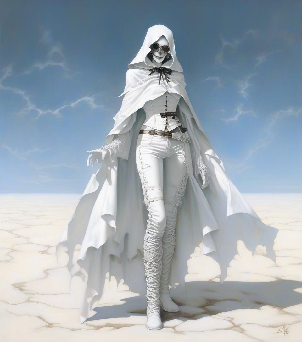  macabre style fantasy. a very thin girl in glasses with a beautiful face without glasses, in a white handkerchief on her face, in a leather white openwork corset, in leather pants, with a wide white garter in the form of a white belt and a buckle in the middle of her right thigh, in white wrists, in white gloves, in a leaky openwork cloak. . dark, gothic, grim, haunting, highly detailed, hkmagic, oil painting