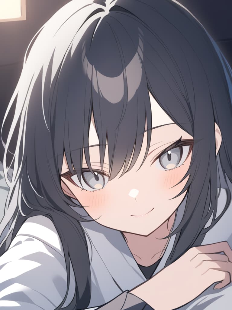  sleepy eyes,long eyelashes,1 girl,white eyes,black hair,smile