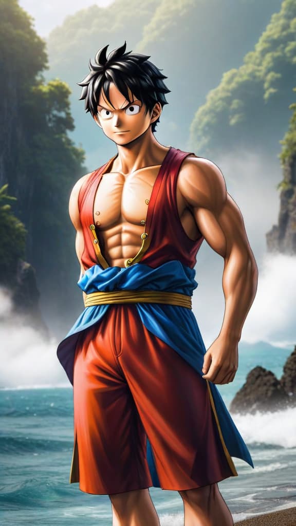  anime art: luffy's age reduced by 10 years after ivankov's hormone therapy at impel down. hyperrealistic, full body, detailed clothing, highly detailed, cinematic lighting, stunningly beautiful, intricate, sharp focus, f/1. 8, 85mm, (centered image composition), (professionally color graded), ((bright soft diffused light)), volumetric fog, trending on instagram, trending on tumblr, HDR 4K, 8K