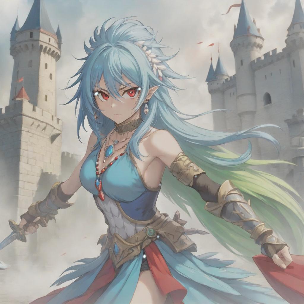  long exposure photo of portrait of strong rage amazonas lancer. red eye. long blue hair. tilting head down. lightgreen mantle. shoulder pad feather, accessory necklace with pearls on the forehead, against the background of the castle siege . blurred motion, streaks of light, surreal, dreamy, ghosting effect, highly detailed, sticker, hkmagic