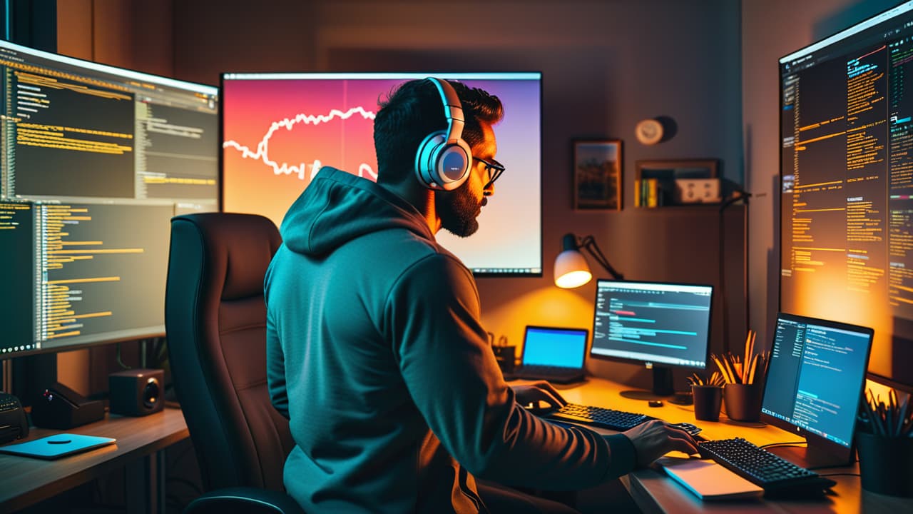  an intricate digital workspace with a developer at a computer, surrounded by flowcharts, coding snippets, and a clock showing various time intervals, emphasizing the process of api development with vibrant colors and dynamic elements. hyperrealistic, full body, detailed clothing, highly detailed, cinematic lighting, stunningly beautiful, intricate, sharp focus, f/1. 8, 85mm, (centered image composition), (professionally color graded), ((bright soft diffused light)), volumetric fog, trending on instagram, trending on tumblr, HDR 4K, 8K