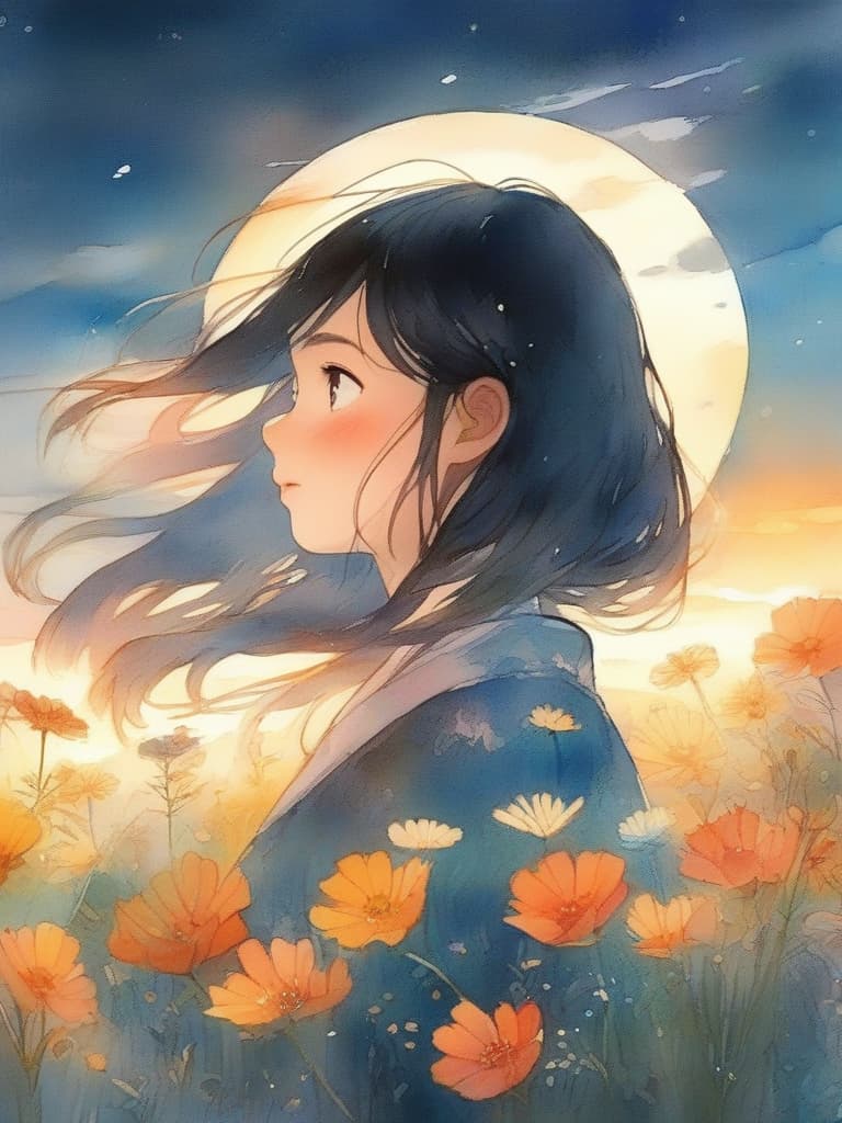  masterpiece,gentle illustration,meadow with cosmos blooming,super beautiful girl,black hair,blue eye color,profile,sunset,high quality,8k