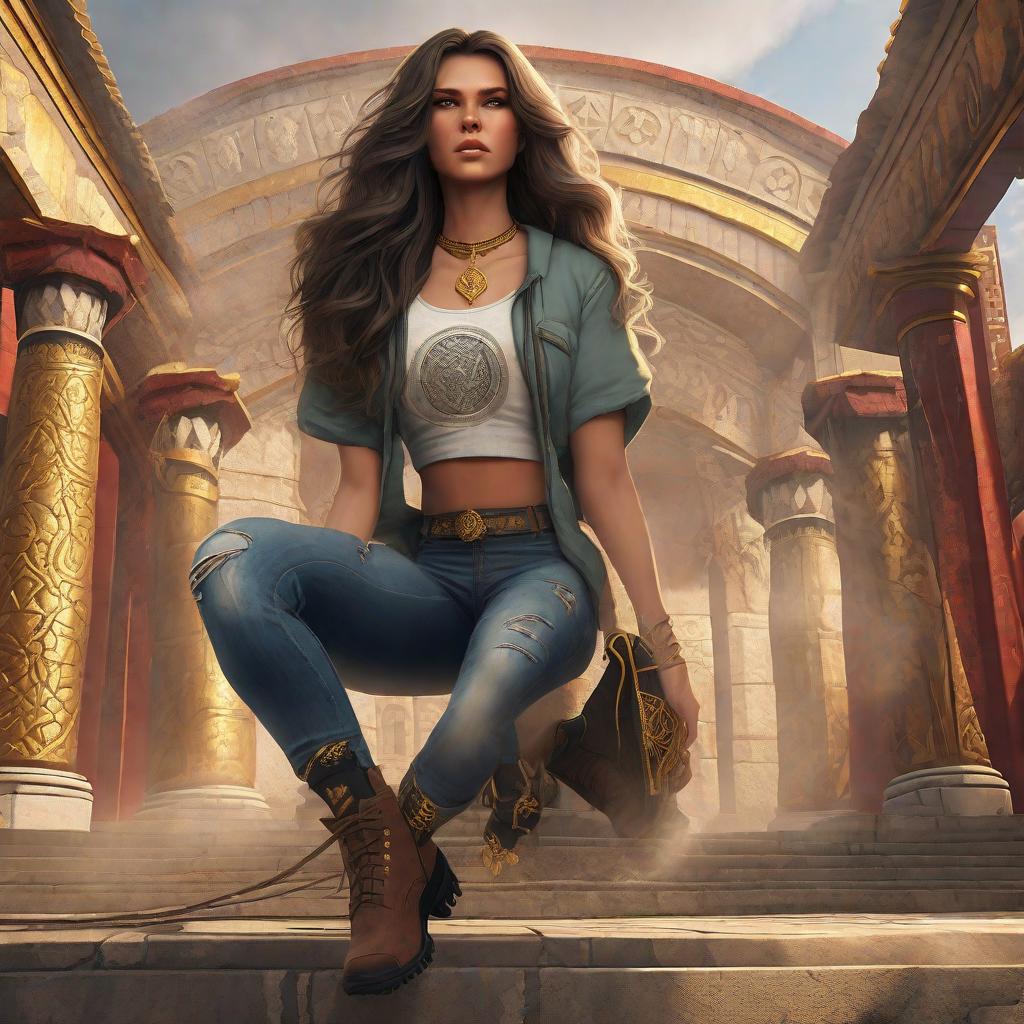  masterpiece, best quality, Urban Fantasy style heroine with long wavy dark hair, glowing gold eyes, wearing a tee, gold choker, ripped jeans and boots, against a background of a Minoan temple