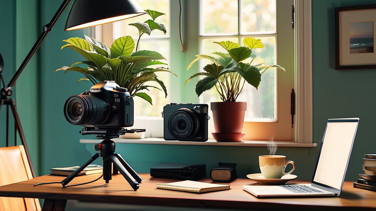  a cozy home workspace with a laptop, a camera on a tripod, scattered photographs, a notepad filled with ideas, natural light streaming through a window, and a coffee cup steaming beside a plant. hyperrealistic, full body, detailed clothing, highly detailed, cinematic lighting, stunningly beautiful, intricate, sharp focus, f/1. 8, 85mm, (centered image composition), (professionally color graded), ((bright soft diffused light)), volumetric fog, trending on instagram, trending on tumblr, HDR 4K, 8K