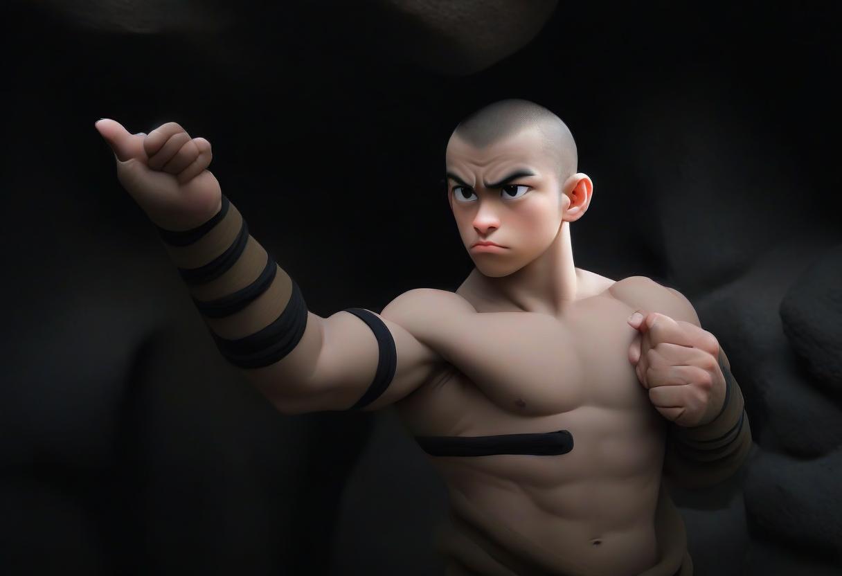  drawn monk fighter with natural, natural and correct fingers and palms. with a thin black stripe around his neck. against the background of a dark cave., perfecteyes, perfect hands