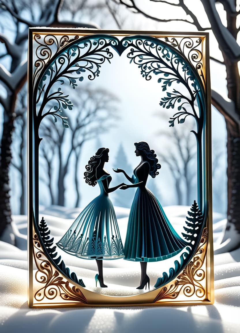  paper quilling art of ((transparent frame in the form of silhouettes of a man and a woman in love, close up 1.5)). ((((inside the transparent silhouette 1, 7))): dawn, golden clouds, tree crowns in the snow. the snow is falling quietly. winter 1.5))). (style):romantic fantasy art, advertising, poster, art design, . intricate, delicate, curling, rolling, shaping, coiling, loops, 3d, dimensional, ornamental, hkmagic hyperrealistic, full body, detailed clothing, highly detailed, cinematic lighting, stunningly beautiful, intricate, sharp focus, f/1. 8, 85mm, (centered image composition), (professionally color graded), ((bright soft diffused light)), volumetric fog, trending on instagram, trending on tumblr, HDR 4K, 8K