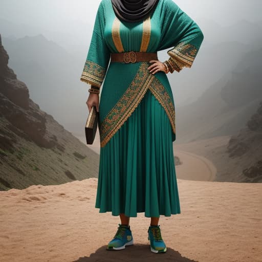  Moroccan peasant woman holding adidas shoes in her hand, doing an ad for adidas, studio lighting, green world background hyperrealistic, full body, detailed clothing, highly detailed, cinematic lighting, stunningly beautiful, intricate, sharp focus, f/1. 8, 85mm, (centered image composition), (professionally color graded), ((bright soft diffused light)), volumetric fog, trending on instagram, trending on tumblr, HDR 4K, 8K