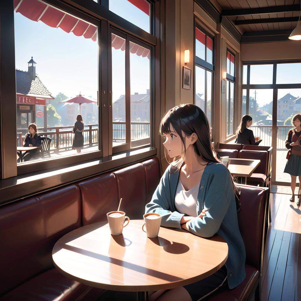  cinematic lighting, woman 1, woman 2, cafe, conversation, afternoon