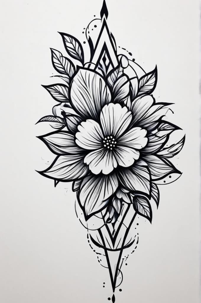  flowers, (tattoo sketch:1.25), drawing