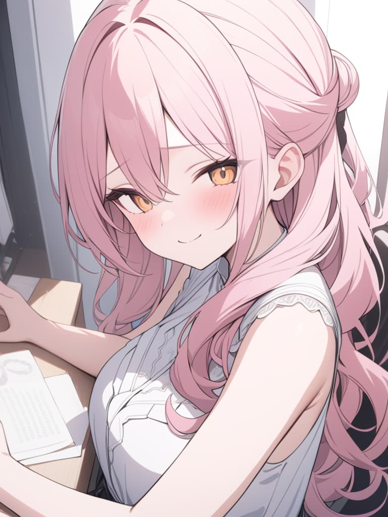  pink hair, curly hair, smile, , shy, long, big s, masterpiece, best quality,8k,ultra detailed,high resolution,an extremely delicate and beautiful,hyper detail