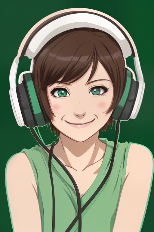  sticker in anime style, simple background, smile, beautiful girl with short dark blond hair, green eyes, with headphones playing on his head, anime