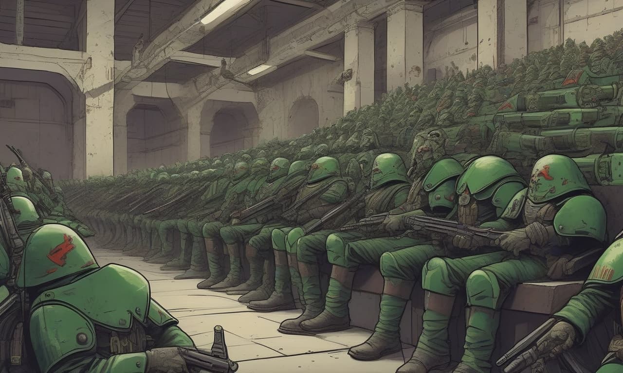  large barracks in the style of warhammer 40k, concrete walls, two story bunks, free arrangement of soldiers, soldiers lie, soldiers stand, soldiers talk lack of windows, soldiers sit on bunks, single lamps on the ceiling, soldiers in uniform astra milliatrum, warhammer 40k brutal style, art, drawing in the style of warhammer 40k, color image, art for games, lasgun against the wall, military atmosphere, warhammer imperial guard armor, 5 10 people, green and gray colors of armor