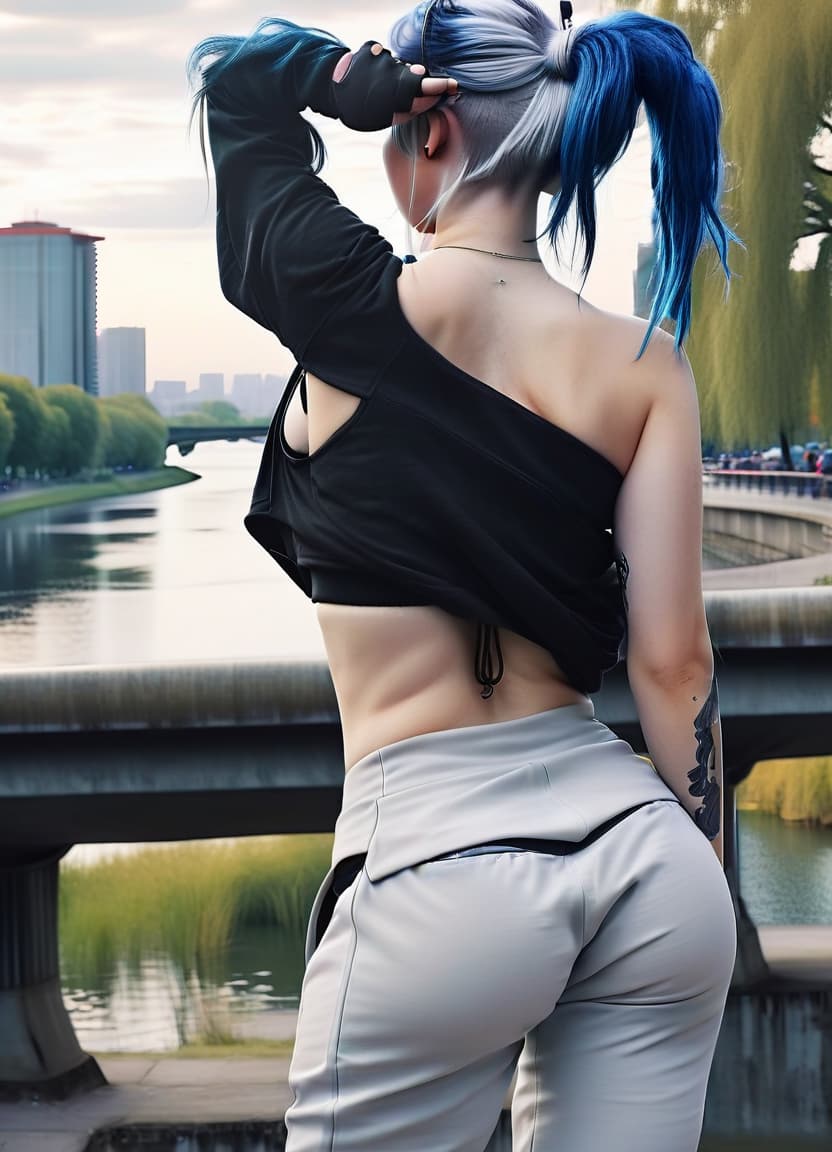  techwear fashion a back view, a girl with blue hair gathered in a ponytail, gray eyes, a black wool top, white wide pants, a sports ass, a large bust, against the background of a city park with a river. . futuristic, cyberpunk, urban, tactical, sleek, dark, highly detailed, perfecteyes