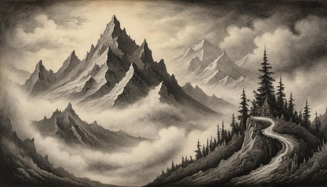  on parchment, surrealism++, a towering mountain range, peaks piercing through dense clouds, symbolizing breaking free from limitations, dramatic lighting, dark new age theme, imposing, inspiring(mysterious, provocative, symbolic)++