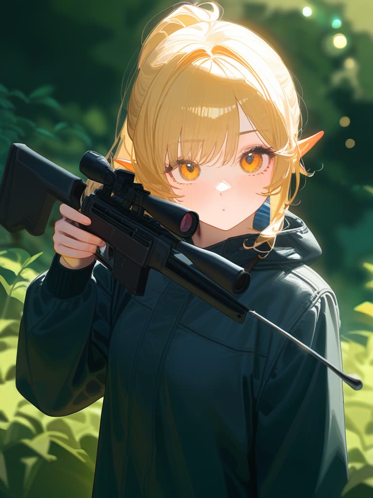  best quality、masterpiece、ultra detailed texture、absurd resolution、raw photorealistic、((blonde elf aiming at viewer with sniper rifle:1.8、accurate sniper rifle:1.2))、(tilt one's head、camouflage pattern clothes:1.2)、hold the sniper rifle、ponytail、in bush、💩、💩、💩、💩、💩、