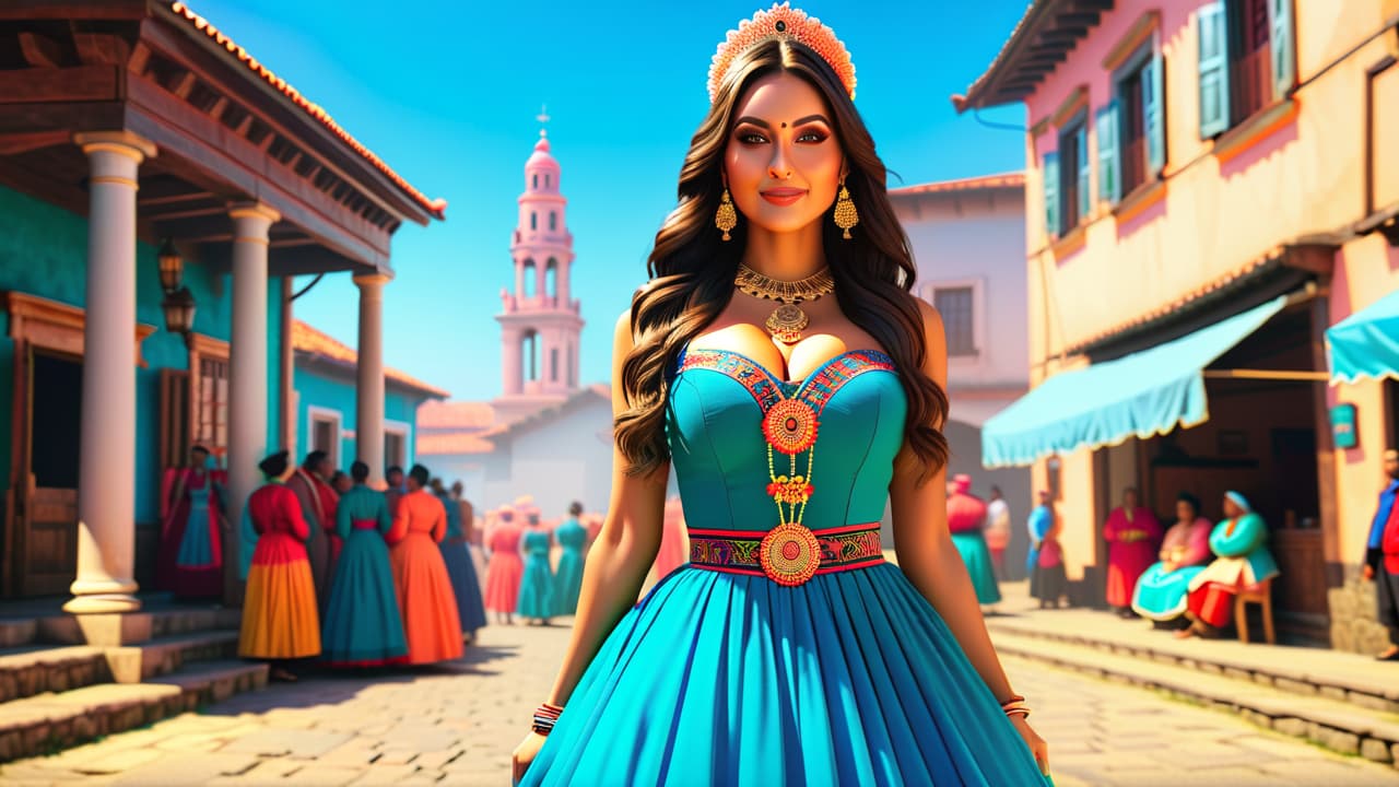  a vibrant marketplace bustling with traditional crafts, local dancers in colorful attire, historic architecture, indigenous cuisine displayed, and tourists engaging with locals, all under a blue sky. hyperrealistic, full body, detailed clothing, highly detailed, cinematic lighting, stunningly beautiful, intricate, sharp focus, f/1. 8, 85mm, (centered image composition), (professionally color graded), ((bright soft diffused light)), volumetric fog, trending on instagram, trending on tumblr, HDR 4K, 8K