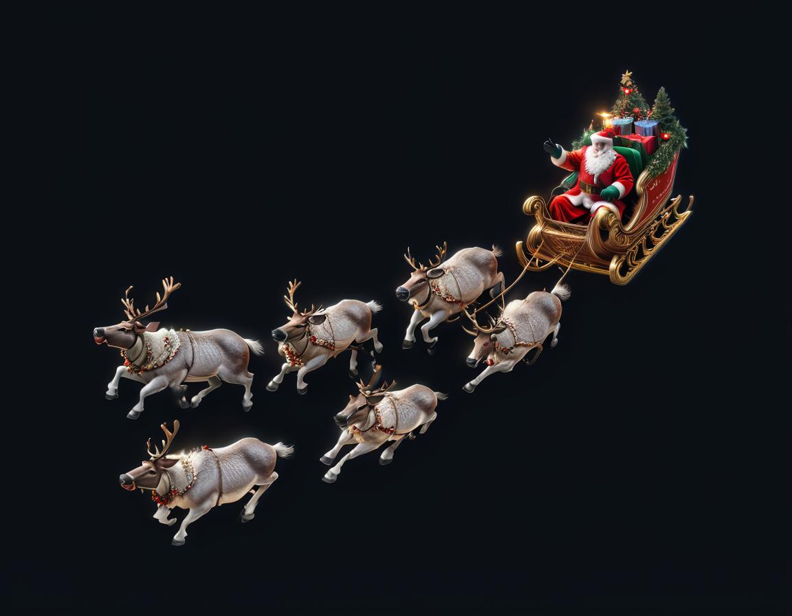  professional 3d model christmas, santa is riding in a sleigh pulled by a herd of reindeers . octane render, highly detailed, volumetric, dramatic lighting, civitai hyperrealistic, full body, detailed clothing, highly detailed, cinematic lighting, stunningly beautiful, intricate, sharp focus, f/1. 8, 85mm, (centered image composition), (professionally color graded), ((bright soft diffused light)), volumetric fog, trending on instagram, trending on tumblr, HDR 4K, 8K