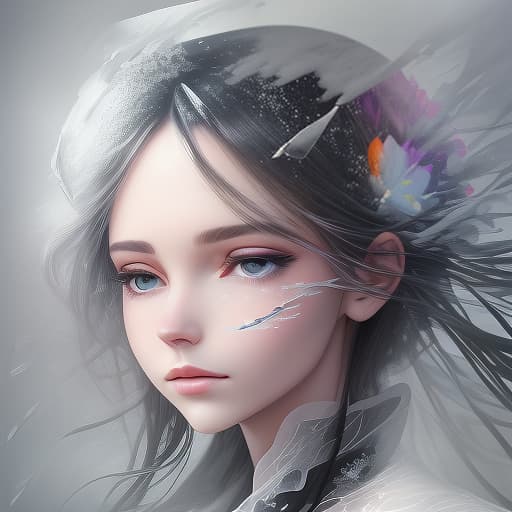  mixing airbrushing art, autumn flowers overlay and black ice woman cloud, sparseness, fog and snow texture gradient, sloppy strokes, raindrops, reflections, tenderness, weightlessness, minimalism, double exposure close up