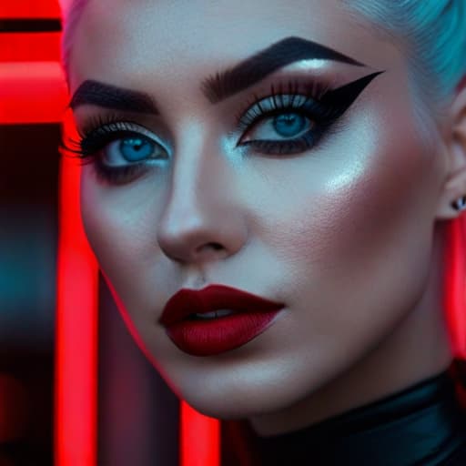  ultra realistic close up portrait ((beautiful pale cyberpunk female with heavy black eyeliner)), blue eyes, shaved side haircut, hyper detail, cinematic lighting, magic neon, dark red city, canon eos r3, nikon, f/1.4, iso 200, 1/160s, 8k, raw, unedited, symmetrical balance, in frame, 8k hyperrealistic, full body, detailed clothing, highly detailed, cinematic lighting, stunningly beautiful, intricate, sharp focus, f/1. 8, 85mm, (centered image composition), (professionally color graded), ((bright soft diffused light)), volumetric fog, trending on instagram, trending on tumblr, HDR 4K, 8K