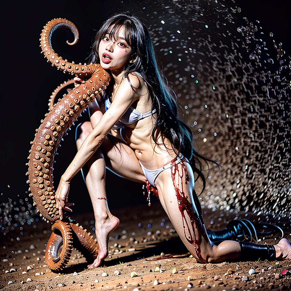  masterpiece, best quality, 1 ,full body tentacles, blood, 1 , s, rating:, black hair, , long hair, s, solo, , , open mouth, tongue, monster, barefoot, medium s, teeth, makeup, full body, small s, lipstick, guro, tongue out, tentacle , apocalypse city