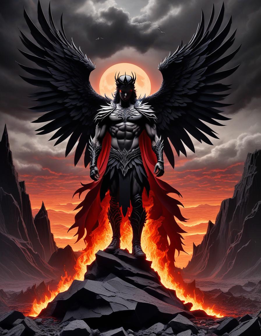  stacked papercut art of kneeling lucifer, with ragged wings, with white skin, in black armor, in a black crown, with black obsidian eyes, looks up, fiery tears flow from his eyes, stands on a rock in the middle of a gray wasteland, looks into the fiery sky, broken sword. . 3d, layered, dimensional, depth, precision cut, stacked layers, papercut, high contrast