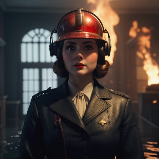  very gory 1940s Jenna Colman as Elisabeth Comstock covered in blood walking amongst the flame in the streets New York city action very realistic noticeable full-body face close up facial features of Jenna Coleman as Elisabeth Comstock slowly turning into a big sister from bio shock seeing big sister helmet standing in rapture flooding rooms full-body face covered in blood full mirror close-up wallking among with flames around flooded room in rapture next to a big daddy project delta holding his hand and seeing little sister walking by full mirror close-up, hyperrealistic, high quality, highly detailed, cinematic lighting, intricate, sharp focus, f/1. 8, 85mm, (centered image composition), (professionally color graded), ((