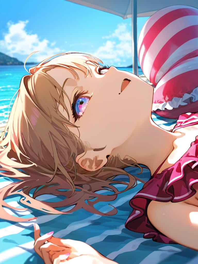  ultra detailed:1.2,masterpiece:1.2,best quality,masterpiece,bestquality,hdr:1.1,8k:1.1,very cute girl:1.3,(pink color,frill ,swimwear:1.6),(lying,at striped float bed on sea:1.8) ,smile:1.4 ,(blonde hair,twin tail,drill hair:1.3) ,(on the sea:1.7),upper body:1.3,dutch angel:1.5,open mouth,(from side:1.2),(upside down:1.7)((eyes highlight:1.1))