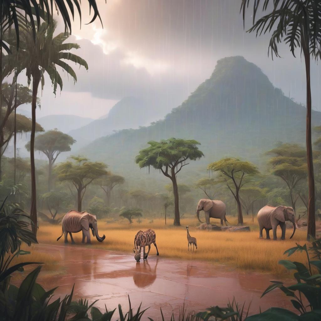  rainy savannah in warm shades, without animals. behind the background of small mountains and jungle