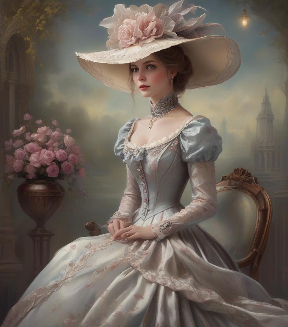  concept art painting of a woman in a dress and hat of the victorian era, in the style of the 1850s, beautiful fantasy painting, romantic painting, fantasy style, elegant oil painting, elegant and exquisite painting, very beautiful fantasy painting, detailed 3d gothic romantic era, painting . digital artwork, illustrative, painterly, matte painting, highly detailed