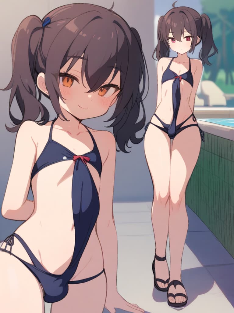  women's elementary students (male), twin tails, cute smiles, rich s, low stature, dark blue swimwear, old swimwear, , simple, , (bulge), male (bulging), front, whole body, pool side,