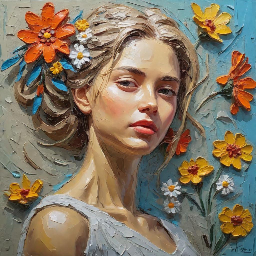  impressionist painting oil painting. rough relief image . relief canvas. in the style of a fly, modern, a young slavic woman with a light hairstyle decorated with flowers. . loose brushwork, vibrant color, light and shadow play, captures feeling over form