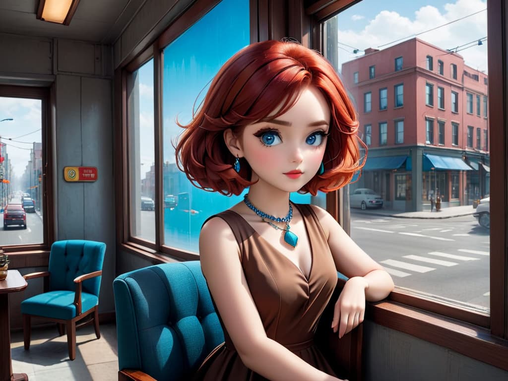  the image features a red haired woman with a blue gaze, likely a doll or an animated character, looking out of a window. the woman is wearing a brown dress and a necklace. she appears to be sitting in a chair and observing the outside view. in the scene, there are three cars visible outside the window, with one on the left side of the window, another in the middle, and the third on the right side. additionally, there are two traffic lights visible, one on the left side and the other on the right side of the window.