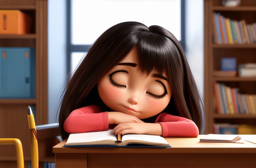  big head, big eyes, caricature, a caricature, rendering, (figurativism:0.8), a school age girl sits at a desk doing her homework, is tired and falls asleep, resting her head on the desk and closing her eyes. , epic realistic, pixar style, disney, (cycles render:1.3), caustics, (glossy:0.58), (artstation:0.2), cute