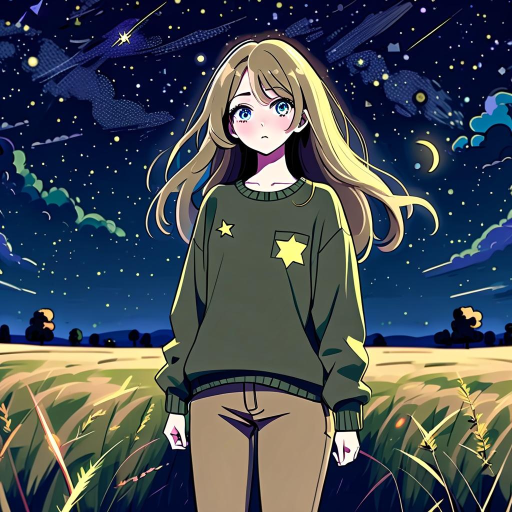  constructivist style a girl in anime style with long hair stands in the middle of the field at night wearing a khaki sweater and pants. the girl looks at the starry sky at night, her eyes of a specific color are full of fear of the unknown and curiosity. she pulls her hand up towards the night sky. . geometric shapes, bold colors, dynamic composition, propaganda art style