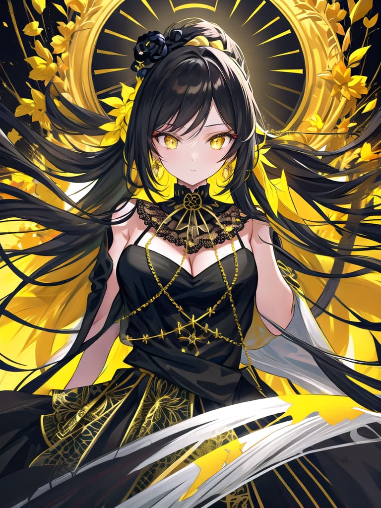  Golden yellow and sleek black color palette, captivating and inviting expression, exuding elegance and charm, magnetic beauty, intricate details, high contrast, luxurious feel, digital art, female, glossy finish, striking composition, dynamic lighting to enhance features.