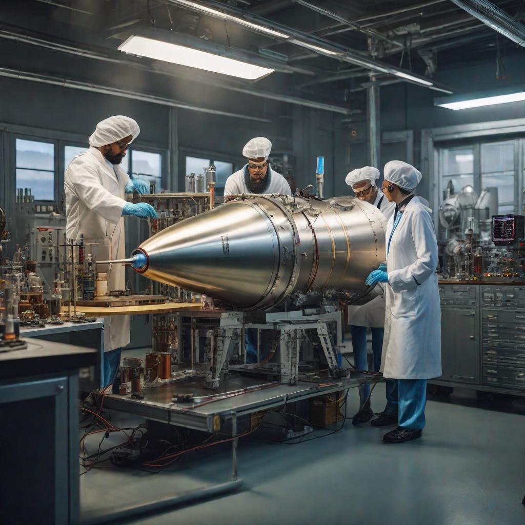  a group of scientists in a laboratory preparing a rocket for launch hyperrealistic, full body, detailed clothing, highly detailed, cinematic lighting, stunningly beautiful, intricate, sharp focus, f/1. 8, 85mm, (centered image composition), (professionally color graded), ((bright soft diffused light)), volumetric fog, trending on instagram, trending on tumblr, HDR 4K, 8K