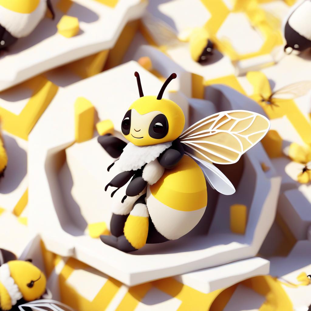  low poly style cute fluffy bee sitting on honeycomb, white background . low poly game art, polygon mesh, jagged, blocky, wireframe edges, centered composition, sticker