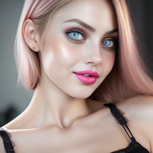  (--Style Photoralism, 16k) arafed woman with a pink lip and a pink manicure, 5 0 0 px models, big eyes, eyes and face, very detailed stunning deep eyes, 2 old female model, nubile body, friendly smile, hot , beautiful feminine face, ! eyes and face!, camisole, aenami alena