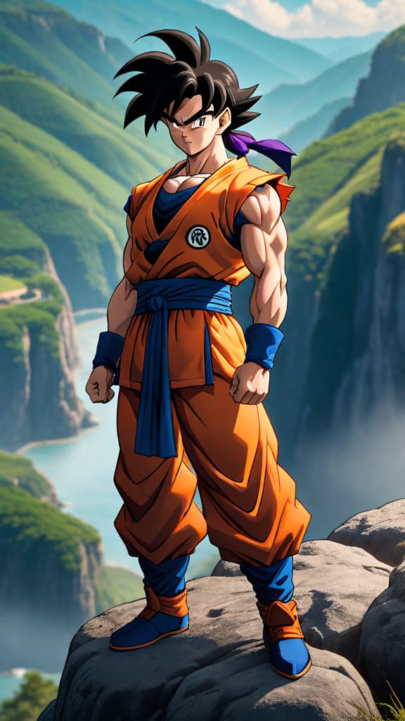  anime art, yamcha from dragon ball standing on a cliff, thinking about tournament victories and defeats hyperrealistic, full body, detailed clothing, highly detailed, cinematic lighting, stunningly beautiful, intricate, sharp focus, f/1. 8, 85mm, (centered image composition), (professionally color graded), ((bright soft diffused light)), volumetric fog, trending on instagram, trending on tumblr, HDR 4K, 8K