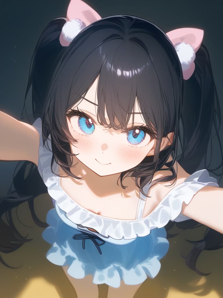  cute face focus,cute,black hair,light blue eyes,cute posing,frill onepiece,low twin tail