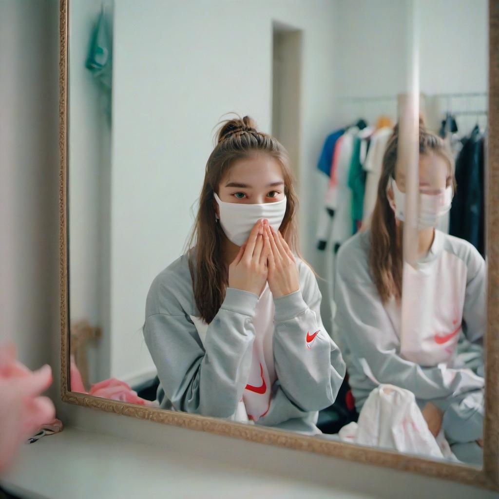  girl covered face mask sits at mirror in nike clothes, perfecteyes, film photography style