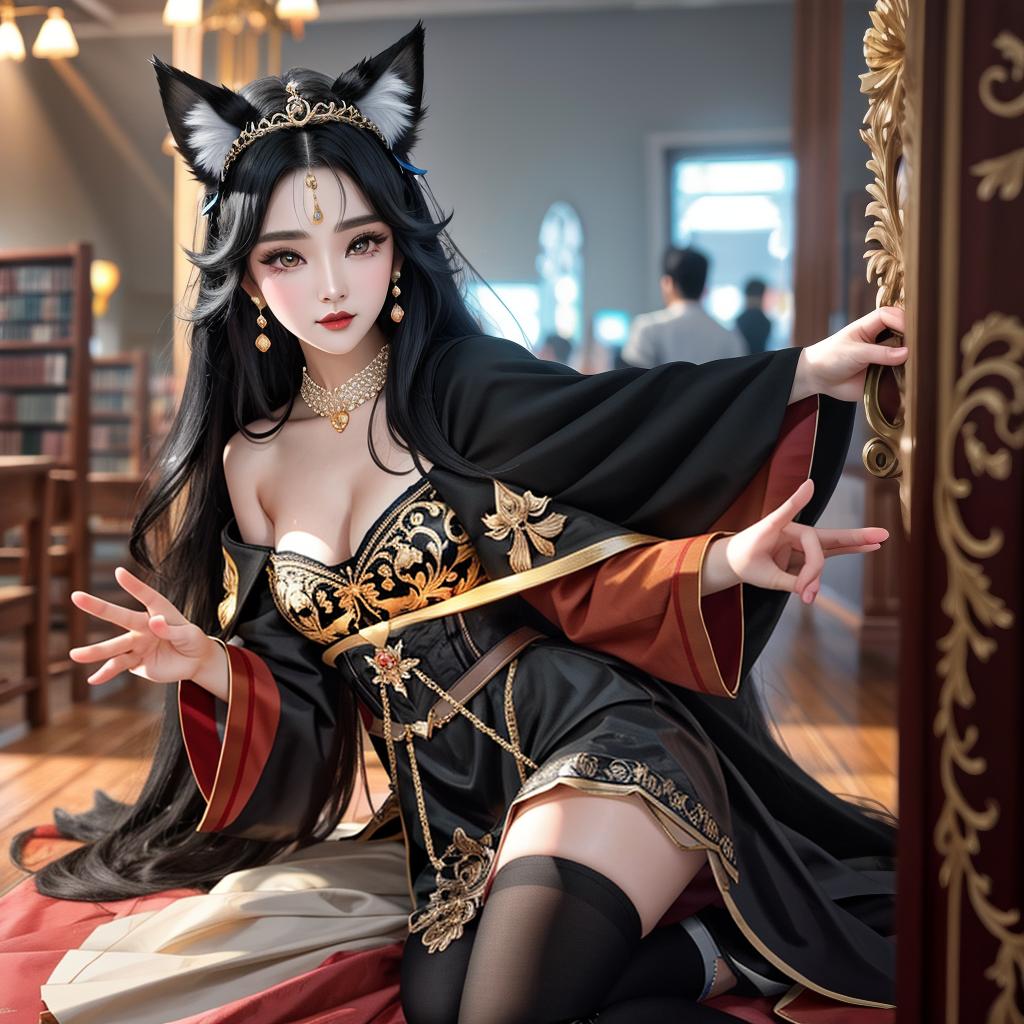  girl, body, black hair, tiara, heart shaped pupils, fox ears, makeup, reaching out towards the camera/viewer, library, border, overexposure, pov, image fill, modern, best quality, accurate photo realistic, highly intricate and detailed, masterpiece, ultra high res,photography,8k resolution