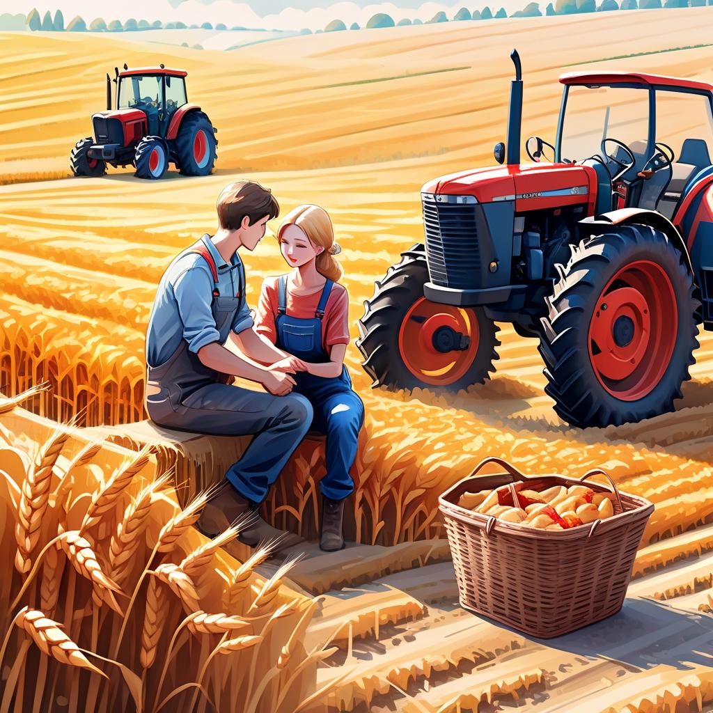  autumn, autumn sky, autumn sun, wheat field, there is a tractor on the field, next to the rear wheel of the tractor, in the shadow of the tractor, two peasants in love are sitting on the ground, a woman and a man are holding hands and kissing, there is a basket with bags of food nearby, they are dressed in work overalls, watercolor landscape, highly detailed, perfect composition, digital painting, artstation, concept art, smooth, sharp focus, highly detailed, extremely detailed, delicate detail, sharp quality, ultra realistic, hyper realistic,