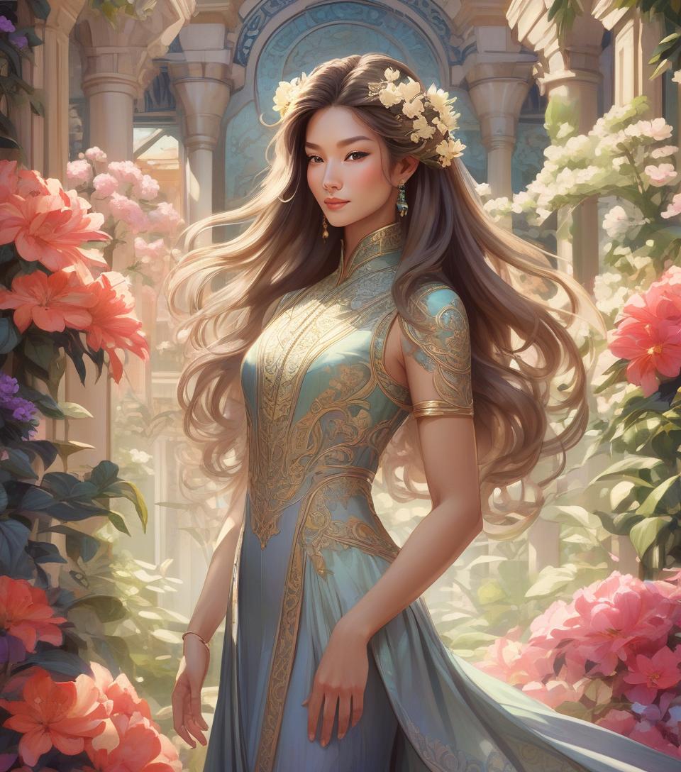  concept art oriental woman sporting a subtle smile amidst an opulent flower garden, imperial hues enveloping the art nouveau inspired floral backdrop, crowned regally, radiant backlighting highlighting her flowing hair, radiant, mythical allure transcending existence, watercolor aesthetic, greg rutkowski's touch, trending on artstation, razor sharp focus, studio setting, elaborate intricacies, volumetric . digital artwork, illustrative, painterly, matte painting, highly detailed