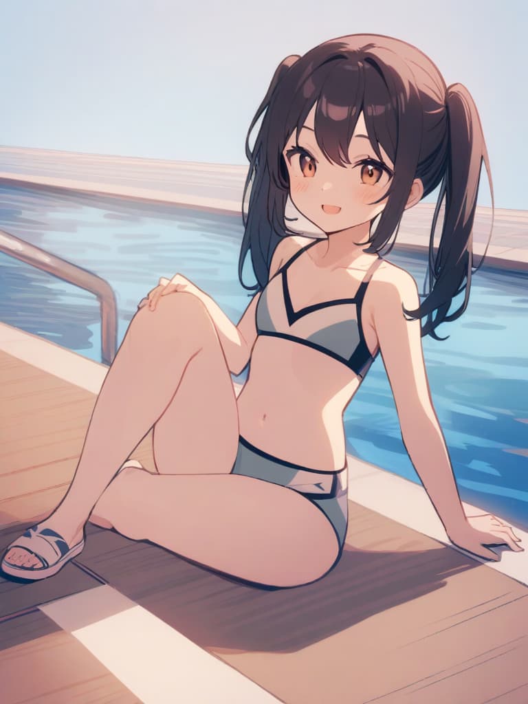  women's elementary students, twin tails, cute smiles, swimwear, male (bulging), poolside, whole body,