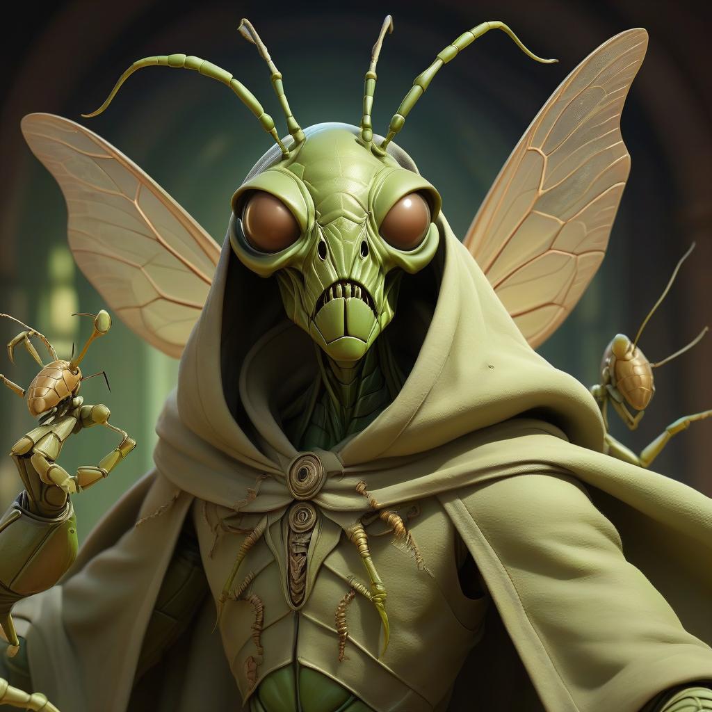  renaissance style thri kreen insectoid monstrous humanoid race with mantis head ranger, wearing travelers rags and cloak, has four hands, swarm of bugs flying around, hive background . realistic, perspective, light and shadow, religious or mythological themes, highly detailed