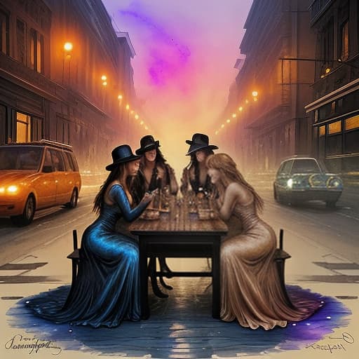  silhouette art, breathtaking (realistic sketch with alcohol ink faetastic extravaganza). amazing, beautiful, inspiring, radiant, magnificent, luxurious, beautiful, detailed, masterpiece. drunk drinking companions in uncomfortable hats, fighting for a stack of vodka, in the background swearing grandmother, street, on the bench