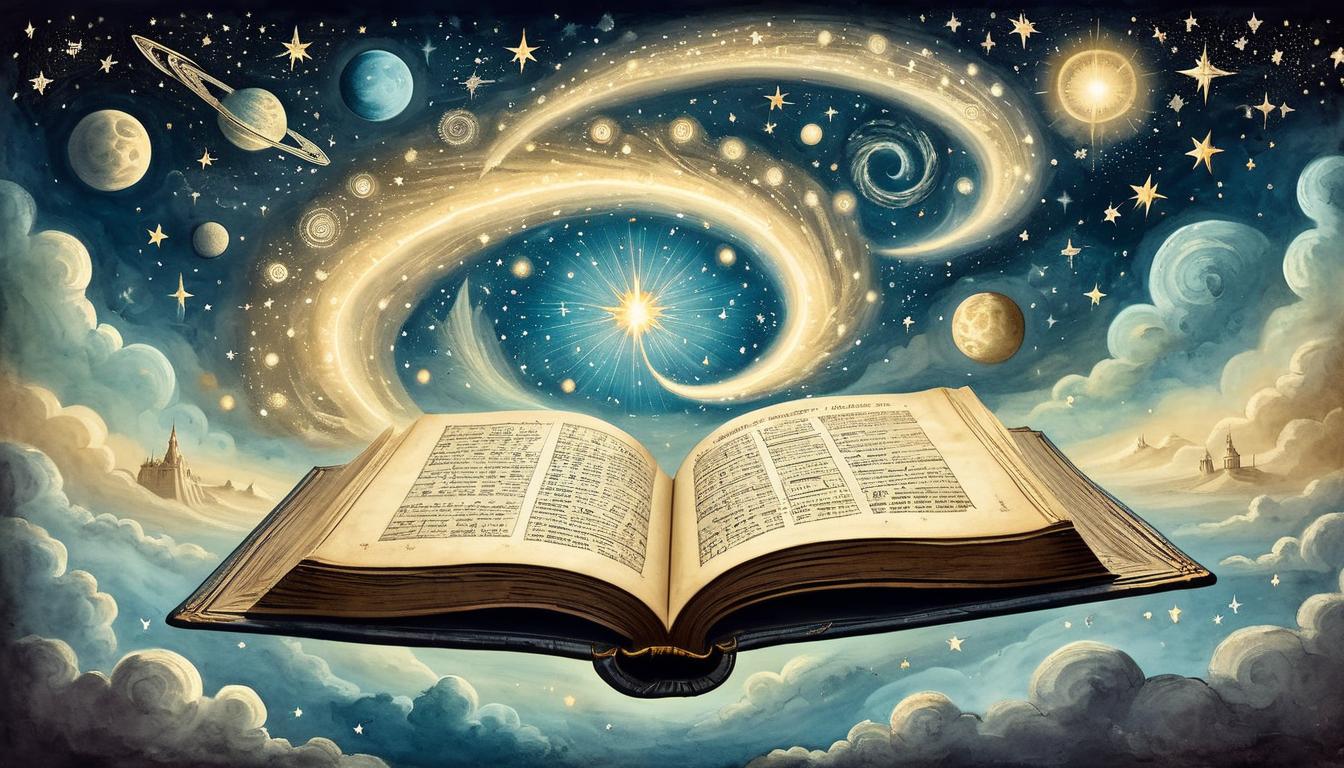  on parchment, surrealism+++, a celestial scene, an ancient book glowing with divine light, surrounded by swirling stars, background of endless space, breathtaking, transcendent(mysterious, provocative, symbolic,muted color)+++