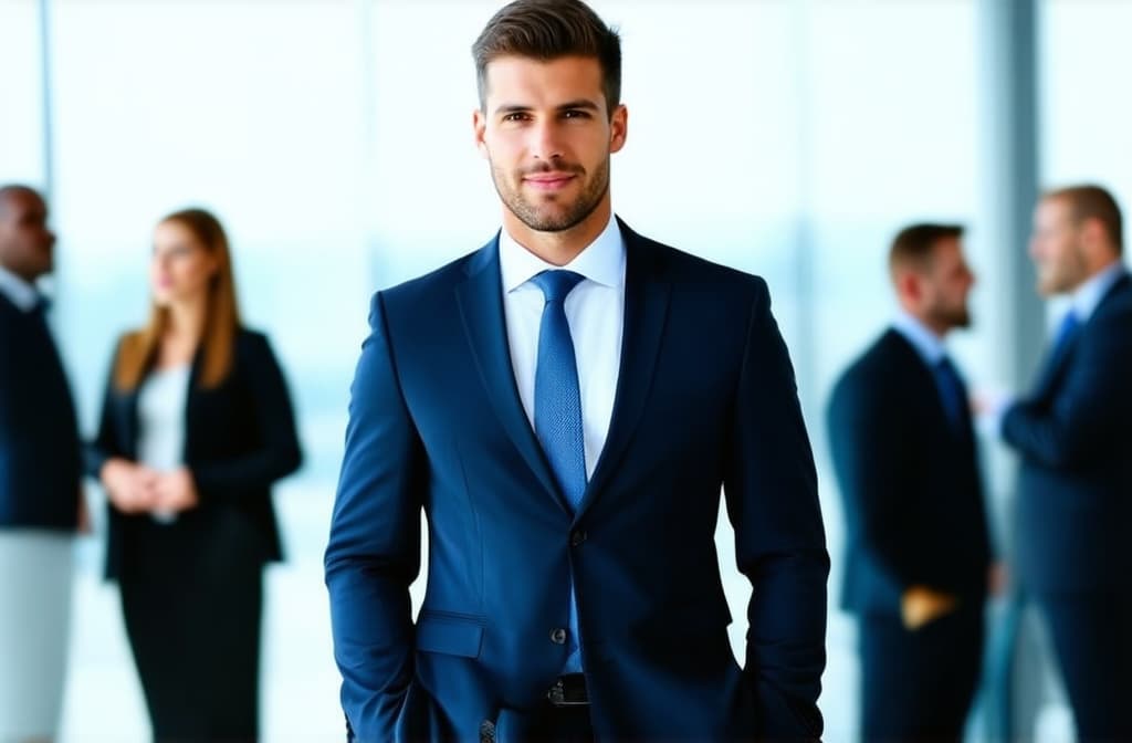  young successful businessman in suit standing in front of blurred colleagues ar 3:2, (natural skin texture), highly detailed face, depth of field, hyperrealism, soft light, muted colors