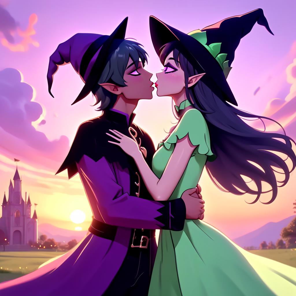  4k, a young magic witch. in a purple dress and black hat, kisses a magical beautiful sports elf, in a light green outfit with dark hair, at sunset, anime, lovers